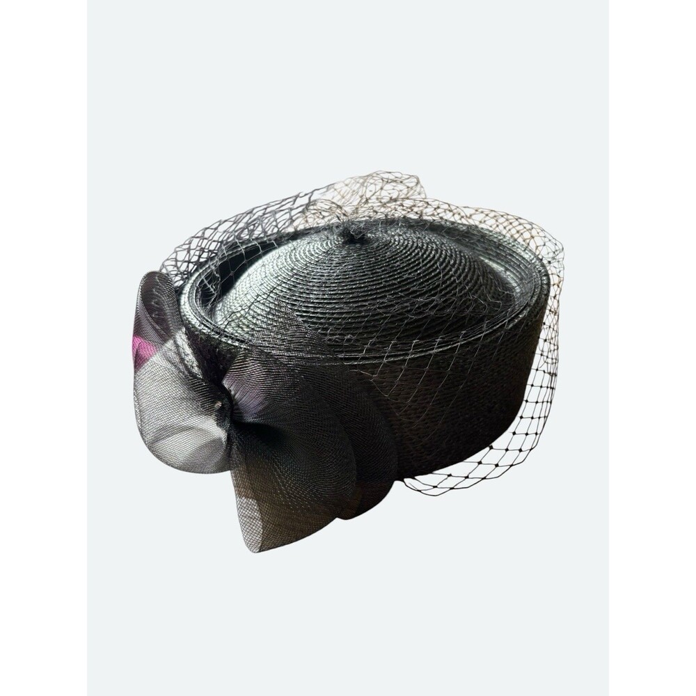 Black Pillbox Hat Mid Century With Black Veil And Rhinestone Embellished Bow